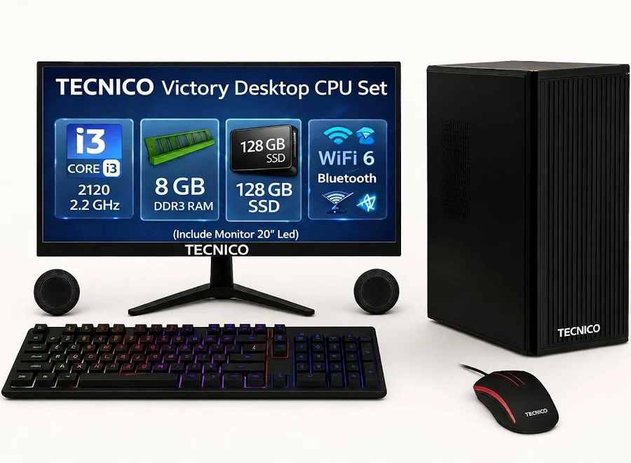 TECNICO Victory Desktop CPU Set, Core I3 2120 2.2GHz, 8 GB DDR3 RAM, 128 GB SSD, RGB Keyboard Mouse Set, WiFi 6
